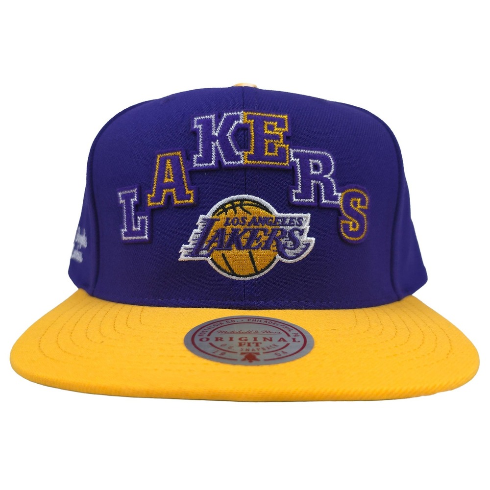LA Lakers Mitchell & Ness Snapback Hat Cap 3D Logo Side Art Purple Yellow NWT